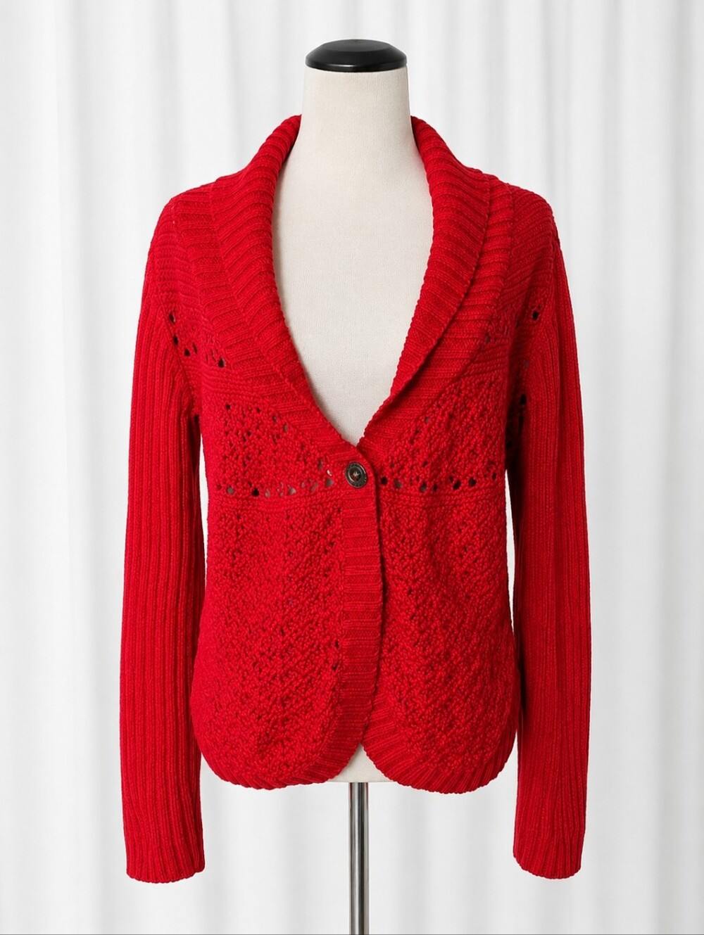 Vintage Chico's Red Chunky Cotton Knit Shawl Collar One Button Cardigan Sweater